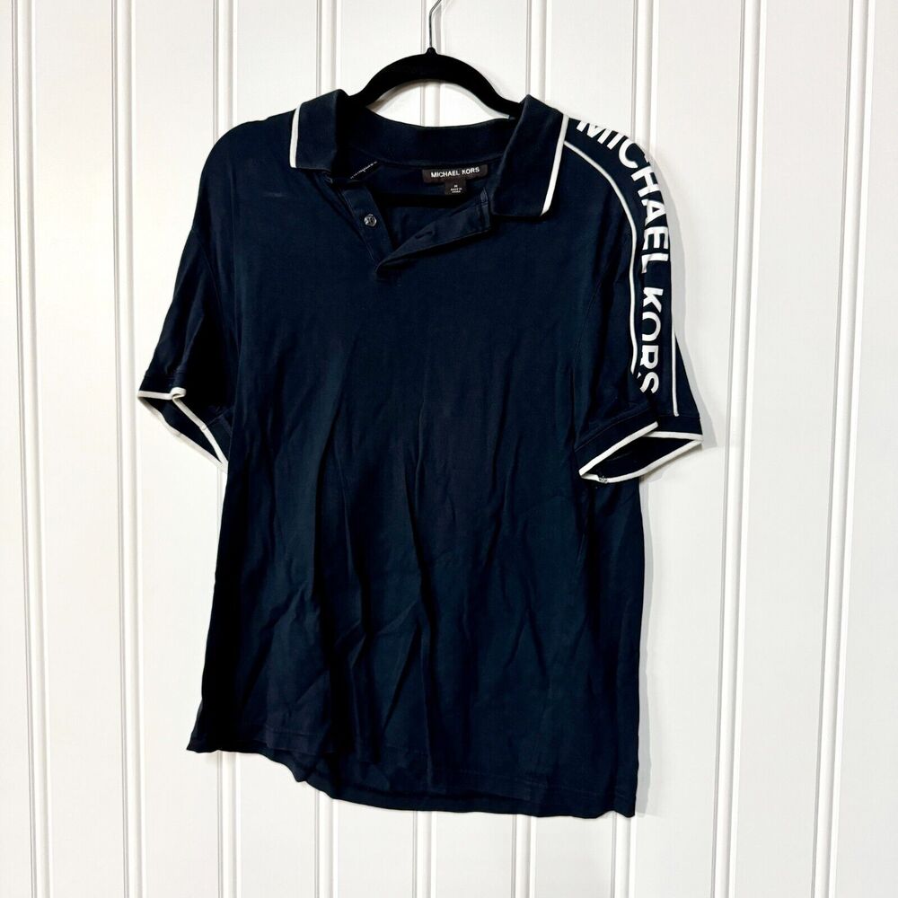 MICHAEL MICHAEL KORS Polo Mens Size Medium Cotton Collared Navy Blue 1/4 Button